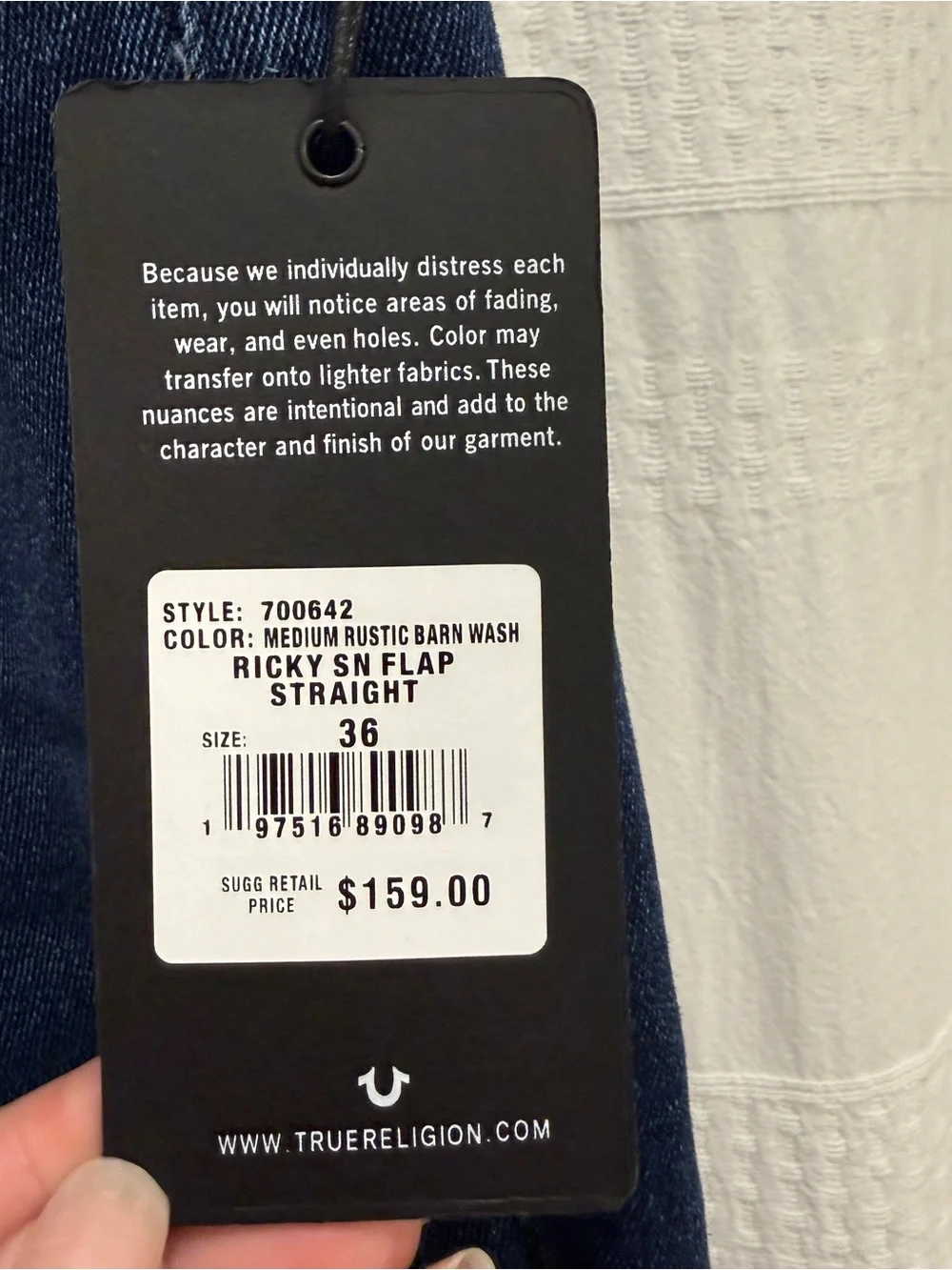 NWT True Religion Ricky SN Flap Straight Medium Rustic Barn Wash Mens 36x34 Jean